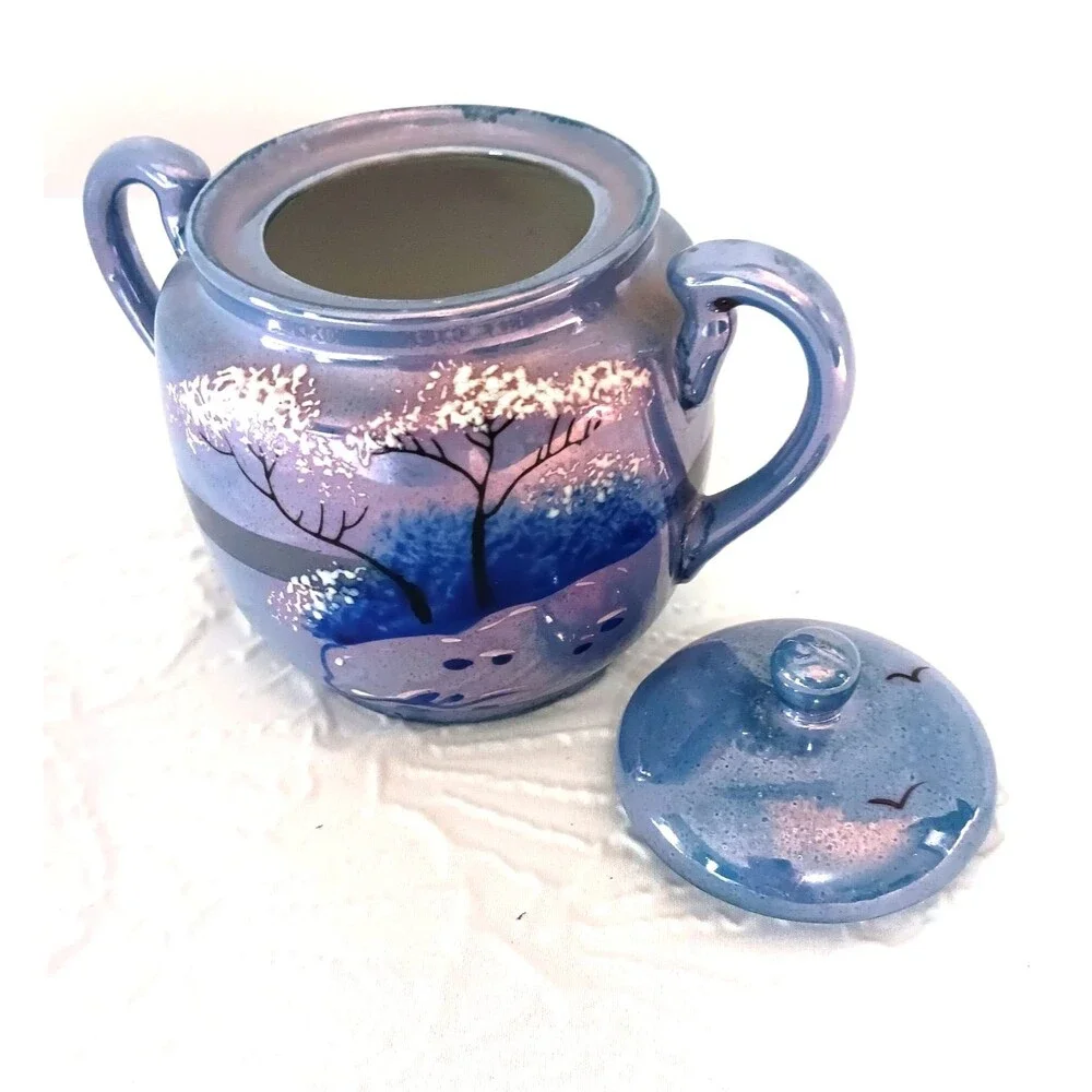 Vintage RS Made in Japan Lusterware Sugar Bowl | Iridescent Blue Landscape Scene